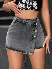 PETITE Short vaquero sexy con bolsillo frontal, cruce de cintura y abotonado para mujer - Gris Claro - Ver 7