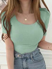Camiseta básica de manga corta de corte slim con cuello redondo en color liso para verano, crop top para mujer - Verde - Ver 6