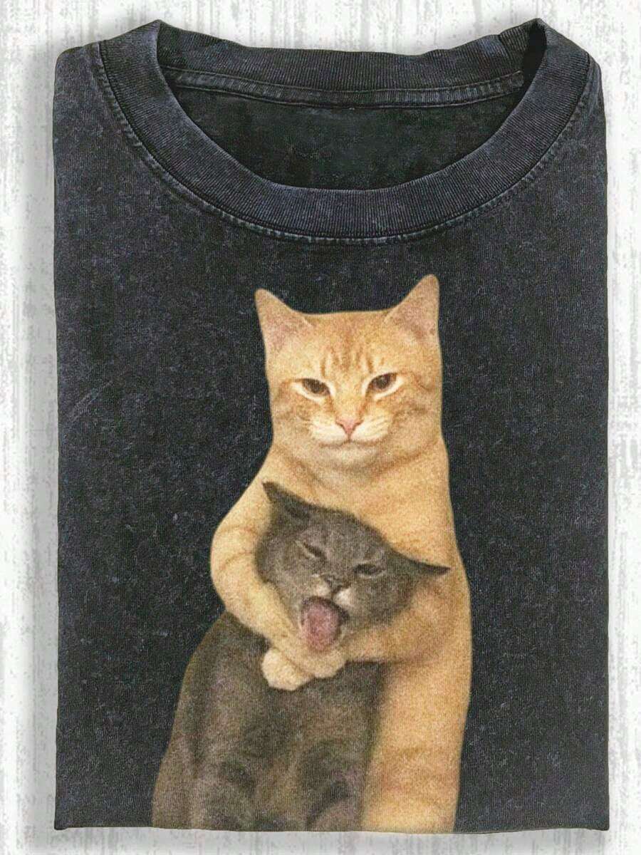 230g, Camisetas Estampadas con Diseño de Gato Jugando, Camisetas de Algodón Batik de Alta Calidad, Marca de Moda Retro, Camisetas para Hombre, Camisetas de Verano para Hombre, Regalos para Fiestas, Regalos Perfectos. - Negro - Ver 1