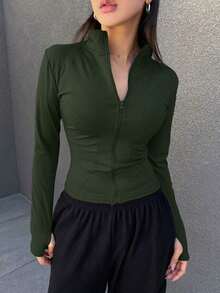 de forro polar de ajuste ceñido con cuello alto de unicolor para mujer, otoño e invierno - Verde Oliva - Ver 4