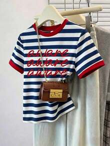 Camiseta de manga corta holgada con cuello redondo, estilo asimétrico a rayas, minimalista y casual, para mujer.Versátil y adecuada para primavera/verano y temporada deportiva - Multicolor 4 - Ver 12