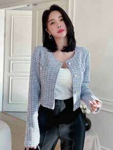 Chaqueta Con Estampado De Cuadros Con Cuello Redondo Corto, Frente Abierto Y Mangas Largas - Azul - Ver 5