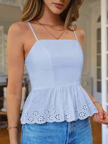 Mujer Camiseta Sin Mangas Con Espagueti, Hem Inferior Con Volantes Con Parche De Bloque unicolor - Celeste - Ver 6