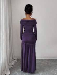 Vestido de punto ajustado de manga larga con hombros descubiertos, elegante y vintage, adecuado para otoño/invierno, Halloween - Morado - Ver 2