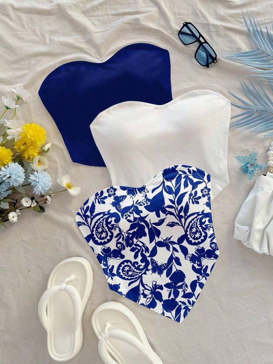 3 Piezas Camiseta corta casual con estampado de mariposa y diseño, bajo asimétrico, apta para vacaciones, playa, verano - Azul y blanco - Ver 1