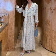 New Spring Collection Women's Dress, Retro Polka Dot Style, V-Neck, Puff Sleeves And Defined Waist - 藍色 - 查看 2