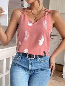 Frenchy Parte superior con estampado de plumas, aro gráfico y ribete de encaje - Rosa - Ver 3
