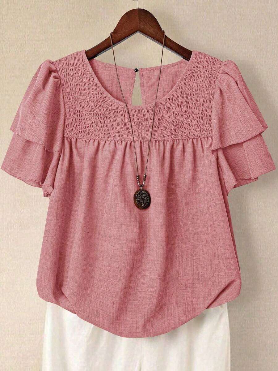 Linhara Blusa casual de verano de talla grande para mujer, de unicolor, cuello redondo, manga corta de doble capa, plisada, de moda versátil para vacaciones - Rosa - Ver 1