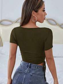 Camiseta de manga corta de punto de unicolor para mujer - Verde militar - Ver 2