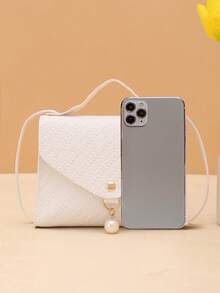 Solid Color Grass Texture Pearl Pendant Crossbody Handbag - White - View 4