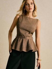 Blusa sin mangas elegante y casual con dobladillo con volantes, para verano - Marrón - Ver 5