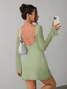 Vestido de malla con mangas de trompeta y espalda descubierta, nuevo y sexy para principios de otoño - verde menta - Ver 1