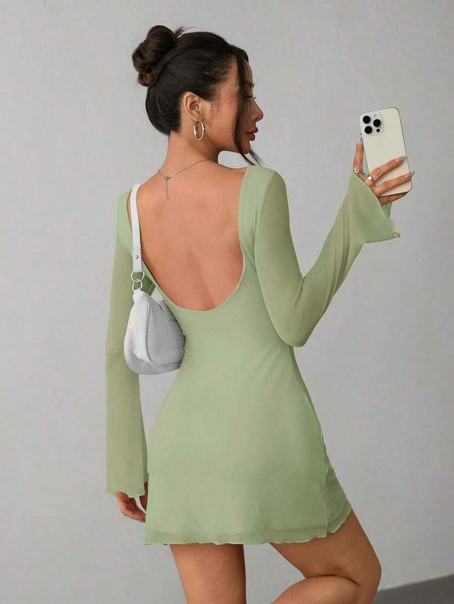 Vestido de malla con mangas de trompeta y espalda descubierta, nuevo y sexy para principios de otoño - verde menta - Ver 1