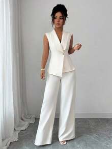 Conjunto de oficina elegante para mujer, compuesto por una chaqueta blazer sin mangas con cuello y bajo asimétrico, con hebilla metálica en la cintura, combinada con pantalones de cintura elástica.Conjunto de 2 piezas elegante para primavera/verano, atuendo formal y de clase para mujer. - Albaricoque - Ver 5