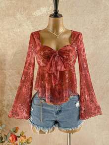 Women's Vacation Back To School Fall Floral Print V-Neck Long Sleeve Babydoll Vintage Tops, Bohemian Sheer Top Boho Blouses Vintage Tops Women Bohemian Top Boho Tops For Women WFED - 綠色 - 查看 10