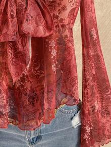 Women's Vacation Back To School Fall Floral Print V-Neck Long Sleeve Babydoll Vintage Tops, Bohemian Sheer Top Boho Blouses Vintage Tops Women Bohemian Top Boho Tops For Women WFED - 彩色 - 查看 5