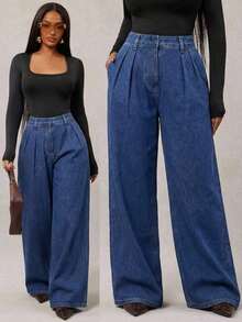 Pantalones anchos de pierna ancha minimalistas y elegantes para mujer, aptos para ir al trabajo, pantalones anchos de pierna ancha blancos, pantalones anchos de cintura alta, pantalones de traje blancos, para otoño e invierno. - Azul lavado medio - Ver 4