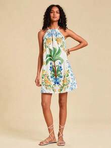 Vestido corto holgado con hombros al descubierto y estampado tejido para mujeres para vacaciones - Azul - Ver 7