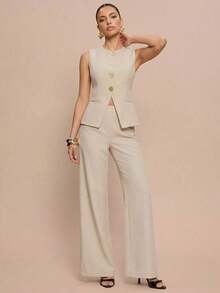 Conjunto de 2 piezas elegante estilo francés con botón con diseño de flor para tiempo libre/commuter para mujer - Albaricoque 2 - Ver 2