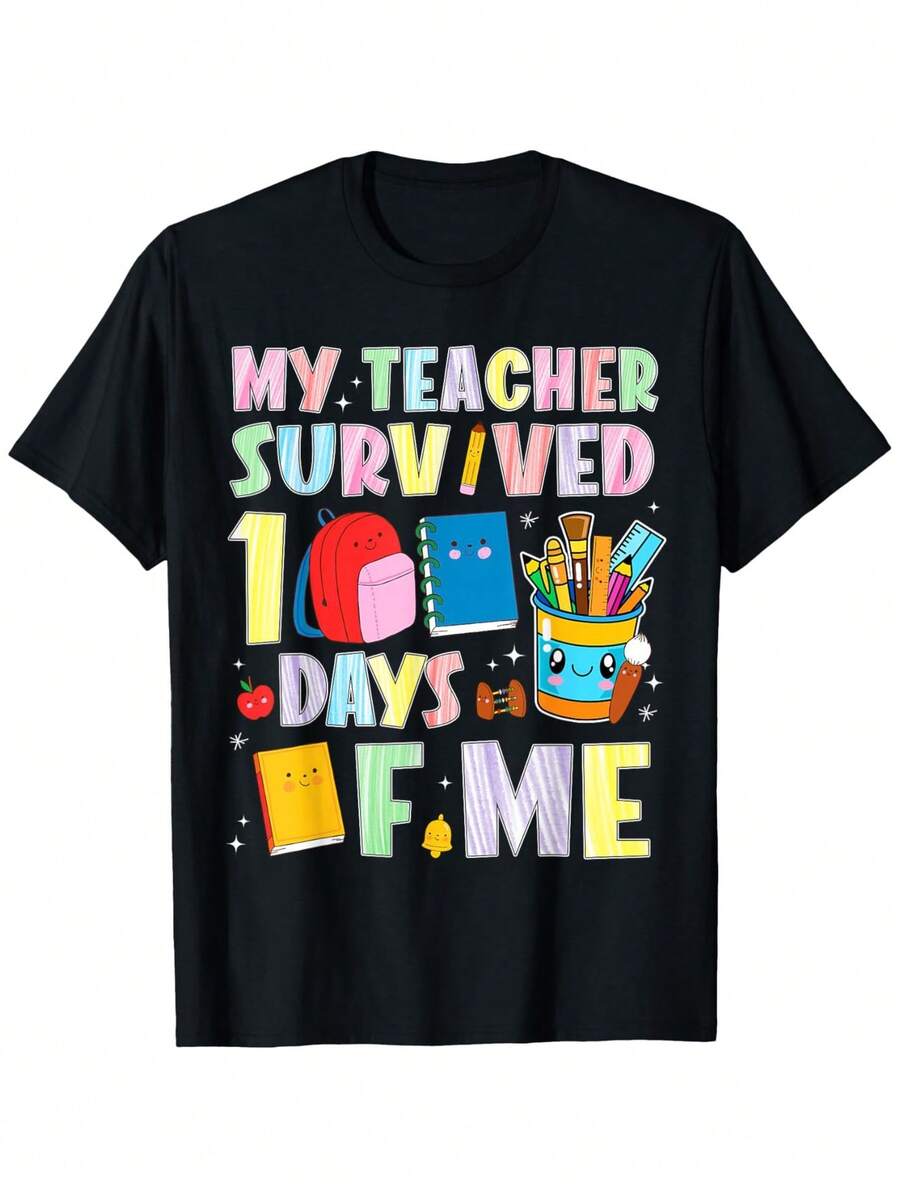 My Teacher Outlived Me By 100 Days. Funny Unisex T-Shirt. Gift For Valentine's Day, Carnival, Ramadan. Birthday Gift For Parents And Friends. Men's T-Shirt. Soft Black Unisex Fabric. 100% Pure Cotton. - 黑色 - 查看 1