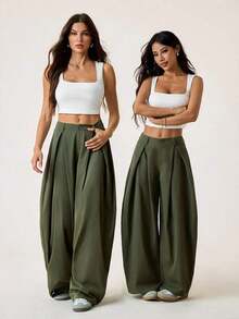 Pantalones anchos de verano con dobladillo curvo verde, estilo vintage, casual y para salir - Verde militar - Ver 7