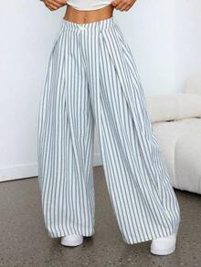 Pantalones anchos de verano con dobladillo curvo verde, estilo vintage, casual y para salir - Azul 2 - Ver 6