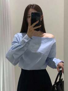 Camisa azul de manga larga con hombro asimétrico de unicolor para mujer, azul claro, primavera/verano/otoño - Celeste - Ver 8