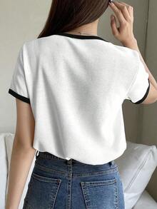 Camiseta básica de mujer de manga corta y cuello redondo, color liso, top de verano - Blanco - Ver 5