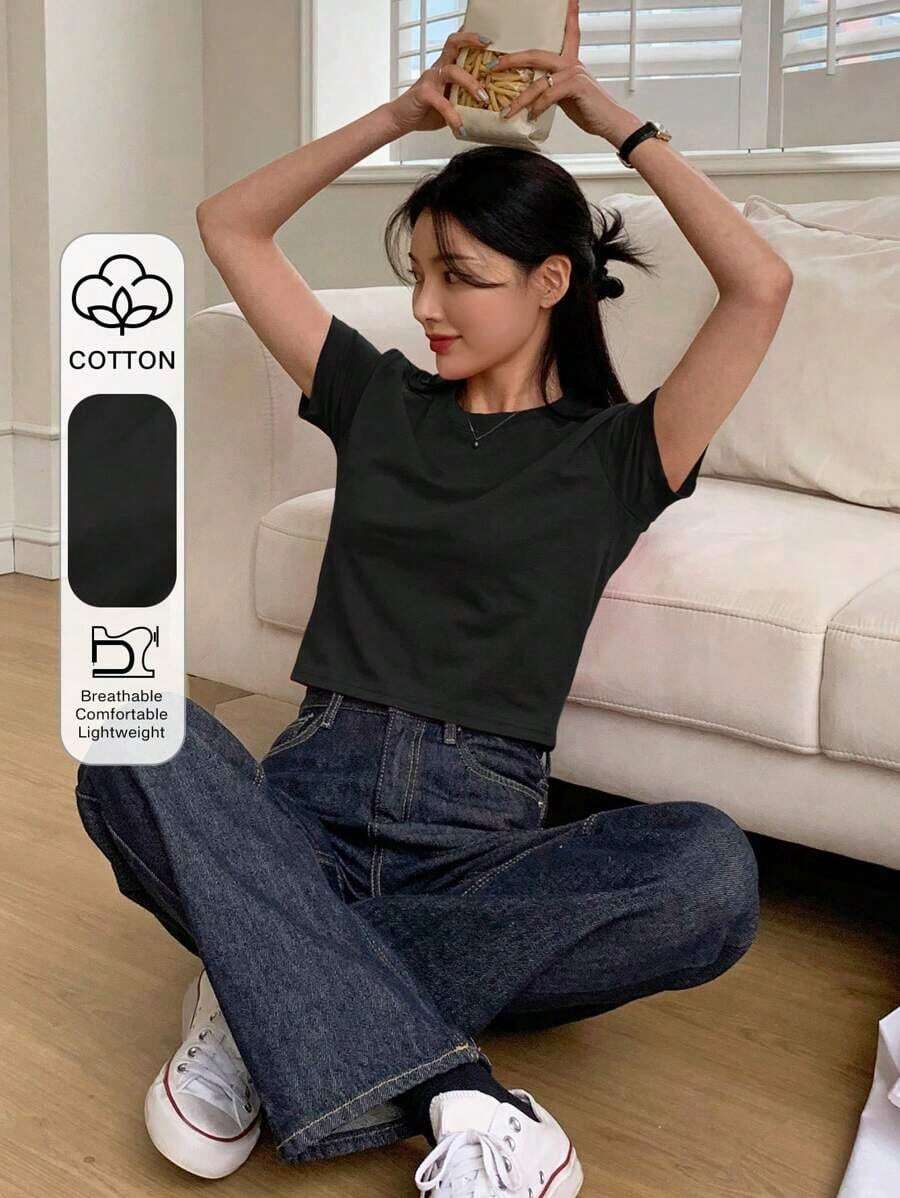 Camiseta de manga corta de unicolor para dama, ideal para verano - Negro - Ver 1