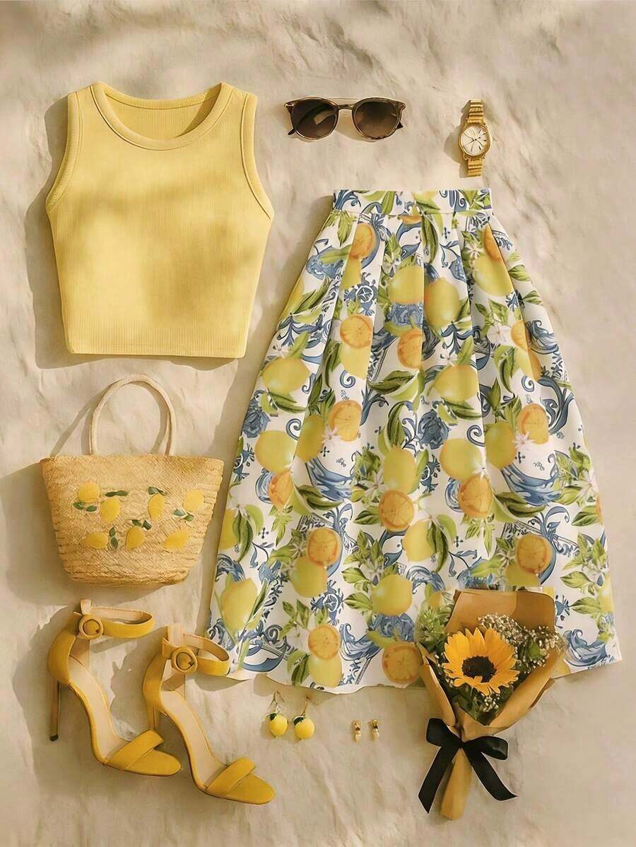 Conjunto de 2 piezas de top corto sin mangas y falda con estampado de hojas de limón para mujer, conjunto de vestir casual elegante para vacaciones - Multicolor - Ver 1