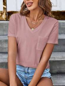 Camiseta de mujer cómoda de algodón, informal, con bolsillo, cuello en V, versátil y de moda - Morado - Ver 6