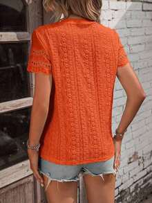 Camiseta casual de mujer de manga corta, cuello redondo, con decoración de estampado quemado y bordado - Naranja - Ver 2