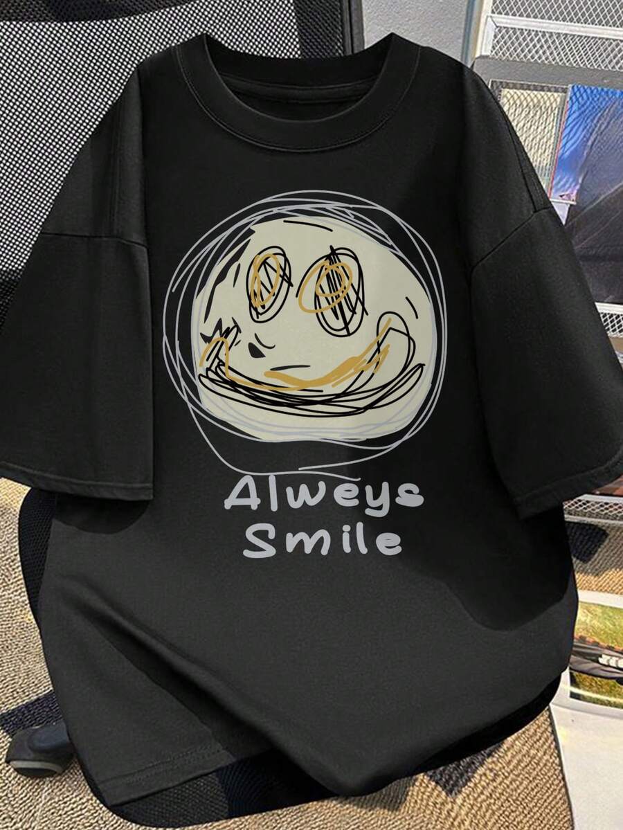 Camiseta con estampado de graffiti , estilo urbano de verano de manga corta para hombre y mujer - Negro - Ver 1