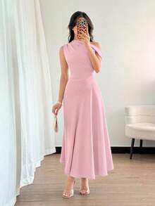 Vestido de cóctel elegante de estilo francés bohemio y chic con detalles de volantes, cuello asimétrico y silueta de línea A en color verde macaron, ideal para vacaciones, días festivos, graduación, citas - Rosa - Ver 3