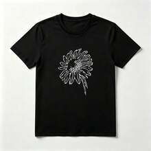 Girasol Lineal Playera de Algodón Negro Minimalista Artística - Negro - Ver 1
