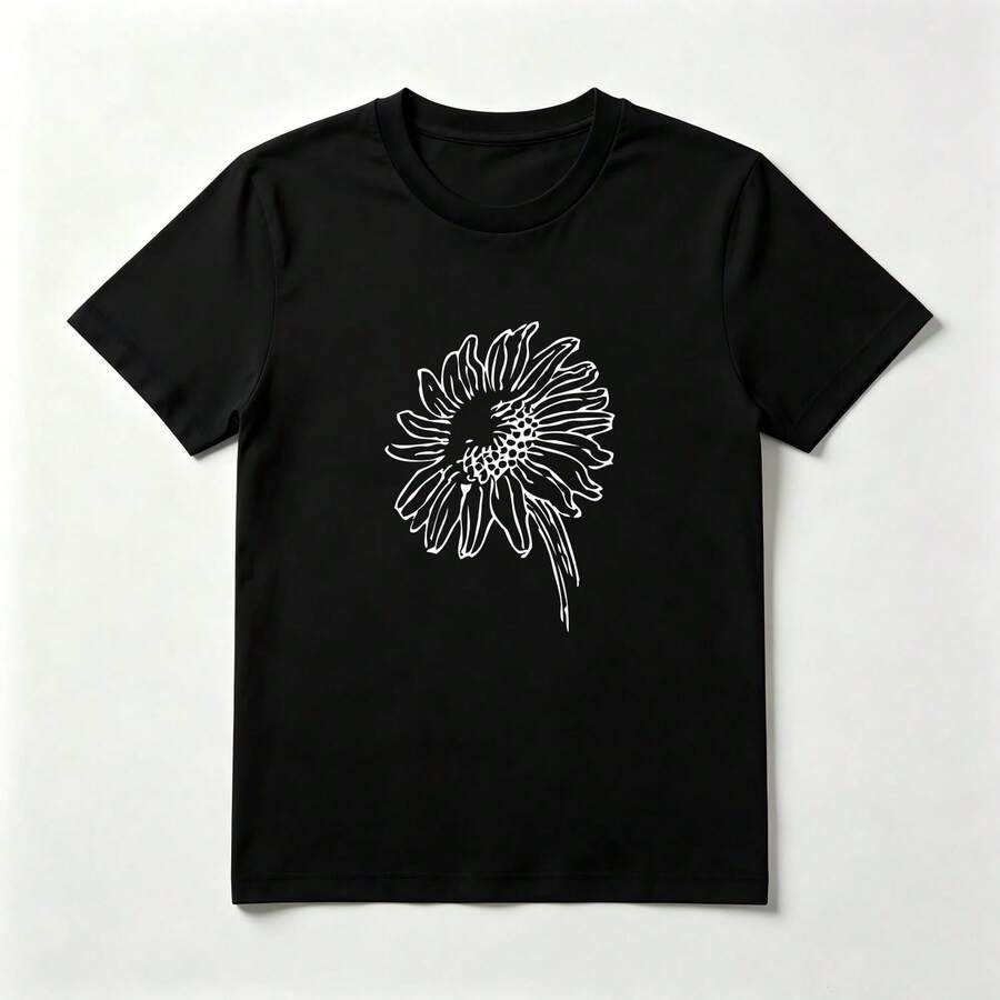 Girasol Lineal Playera de Algodón Negro Minimalista Artística - Negro - Ver 1