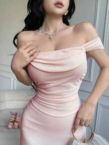 YHHCelisse Vestido elegante ajustado con hombros descubiertos y drapeado de unicolorYHH - Rosa - Ver 5