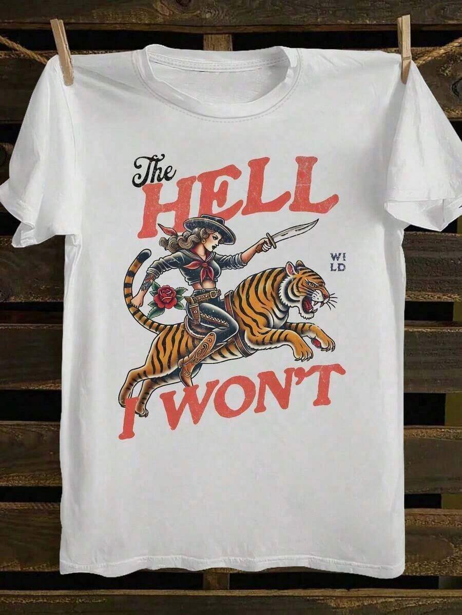 Ropa de Vacaciones para Mujer: Camiseta de Vaquera "The Hell I Won't" para Mujer – Camiseta de Cuello Redondo con Gráficos Retro de Motociclista y Tatuaje Western, Top Casual Estilo Wild Western. Esta es una camiseta de manga corta para mujer, suave, agradable al tacto, versátil y de puro algodón, adecuada para el uso diario, ocasiones informales y ropa deportiva. Es una camiseta de algodón puro para mujer, holgada, cómoda y deportiva, ideal para primavera/verano, perfecta como capa base. Holgada y cómoda, ideal para las vacaciones de verano de las mujeres. - Blanco - Ver 1