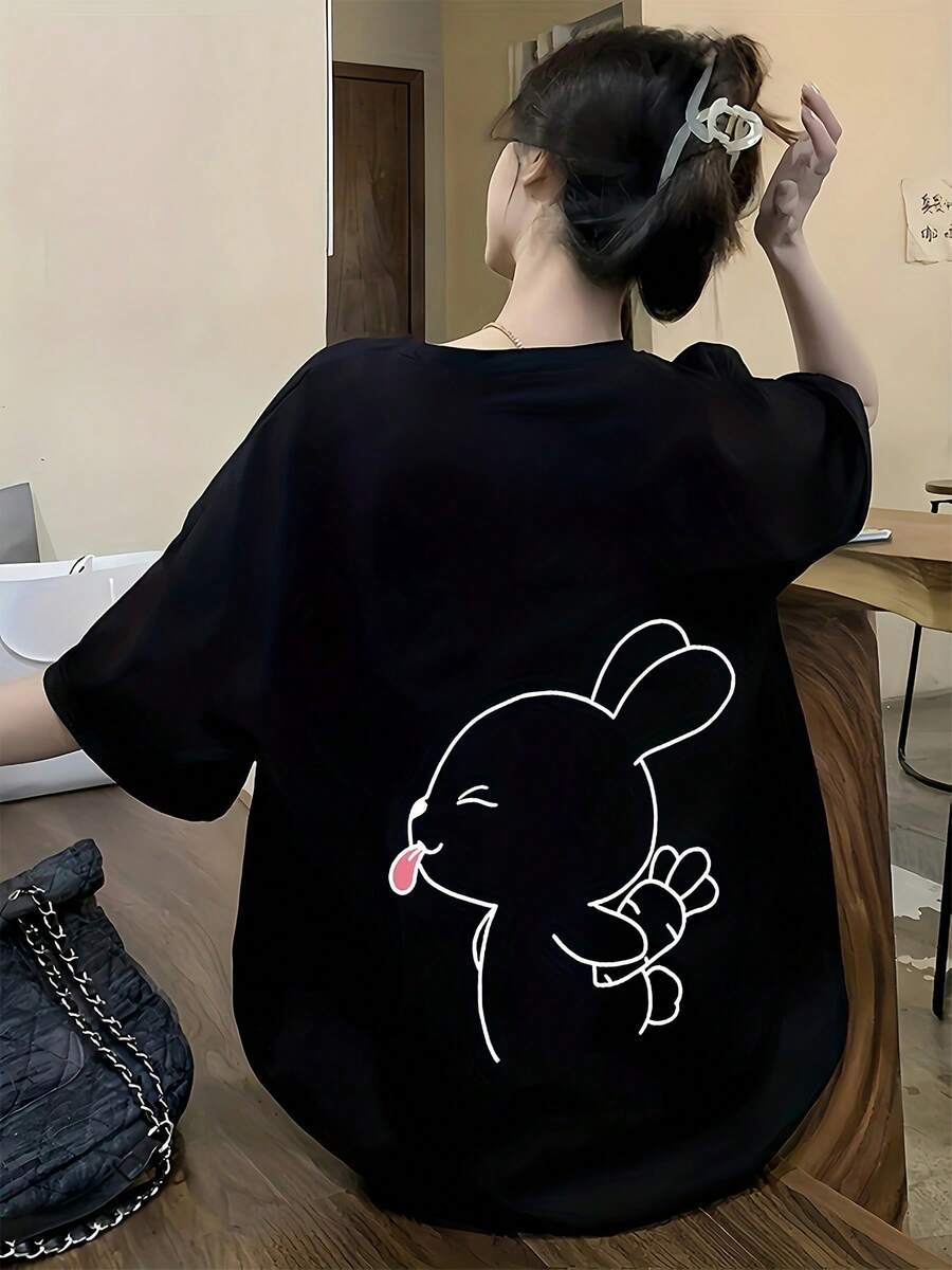Plus Size, Special For Japan And Korea: Women's Plus Size Short Sleeve T-Shirt, New Spring/Summer Style, Korean Style Loose Fit, Solid Color, Versatile And Simple Top, Fashionable And Everyday Women's Top, Solid Color T-Shirt For Women - 黑色 - 查看 1