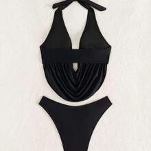Bonvoyette Women's Deep V-Neck Black Casual Beach Vacation Top And Solid Color High-Cut Bikini Bottom 2-Piece Swimwear Set, Summer Yellow Two Piece Set Bikini Yellow Two Piece Swimsuit Zestiva Swimsuit Zante Holiday Outfit - Burdeos - Ver 5
