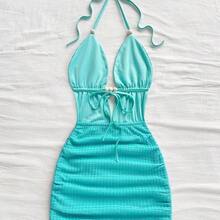 Women's Solid Color Spaghetti Strap Deep V-Neck Ruched Sexy Mini Dress - Celeste - Ver 3