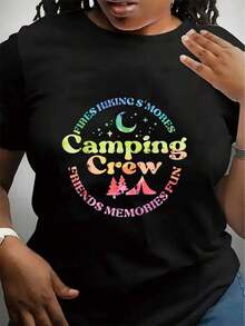 Mujeres Plus Tamaño Camping Patrón Camiseta - Aventura Imprimir Características Fuego de campamento Tienda de campaña, Y Senderismo Diseños - Recuerdos De Amigos Senderismo Acampada Y Alrededor El Fuego de campamento - Ligero Y Transpirable Manga corta Tripulación Cuello Superior, Adecuado Para Primavera Y Verano - Negro Con Colorido Camping Impresiones - Ideal Para Senderismo Camping Viajes, Y Informal Desgaste - Máquina Lavable Y Seco Lavable - Suelto Ajuste Perfecto Para Informal La ropa fresca de verano de la Sra. Wear - Negro - Ver 6