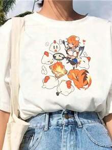 Camiseta Casual con Estampado de Fruta Naranja, Manga Corta, Cuello Redondo, Cómoda para Uso Diario, Ropa de Verano para Mujer.JpgFashion - Blanco 5 - Ver 7