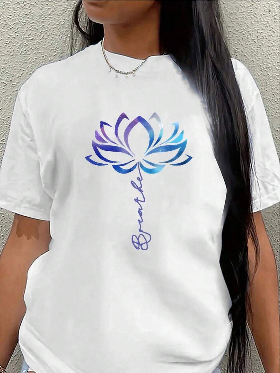 This Lightweight And Durable Short-Sleeved T-Shirt With A Lotus Design Is Perfect For Yoga, The Gym, Or Casual Outings. Made From Soft Fabric With A Blue-To-Purple Gradient, It's Ideal For Everyday Wear. - 白色 - 查看 1