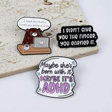 Funny Quote Enamel Brooch Set, Bear Laptop ADHD Letter Pins For Backpack, Bag & Jacket Decor - Multicolor - View 1