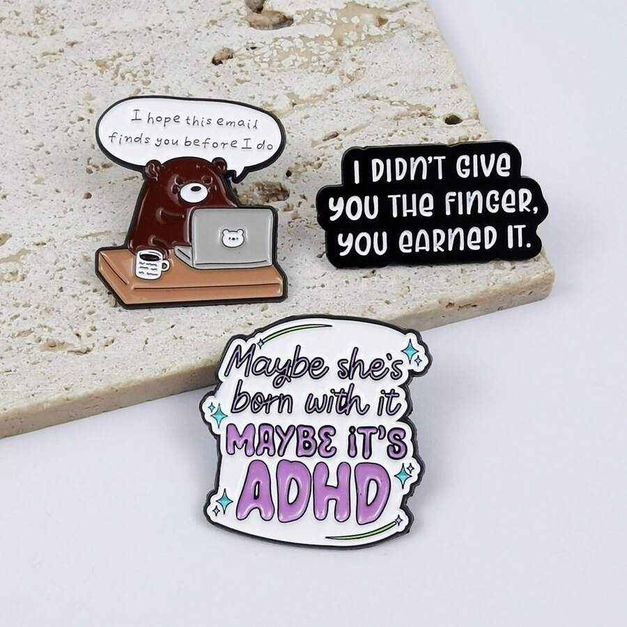 Funny Quote Enamel Brooch Set, Bear Laptop ADHD Letter Pins For Backpack, Bag & Jacket Decor - Multicolor - View 1