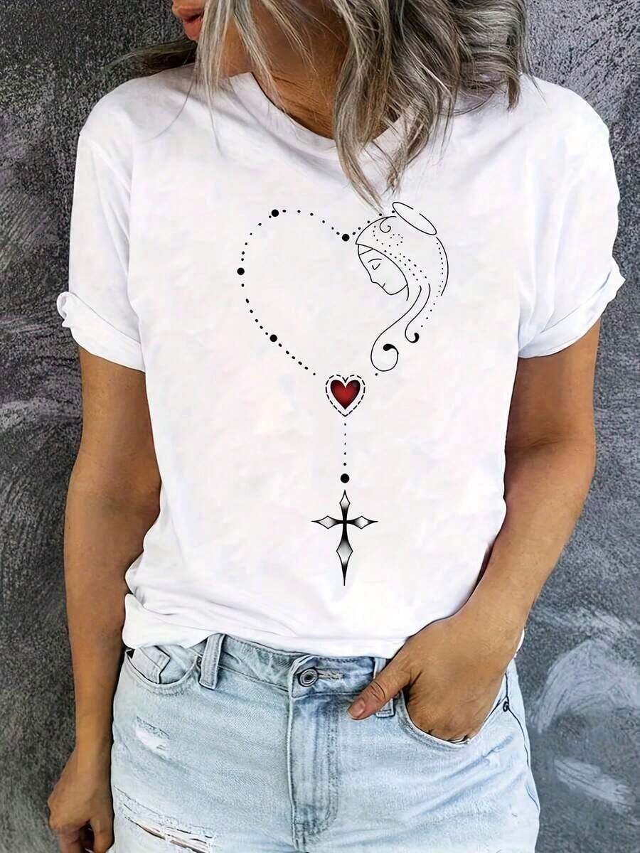Under The Radar Women's Crew Neck T-Shirt With A Graphic Print Of Hearts And Crosses, Featuring Short, Relaxed Sleeves, Ideal For Spring And Summer. 100% Cotton - Unisex Short Sleeve Crew Neck T-Shirt, Urban Vintage Style, Loose Fit - 白色 - 查看 1