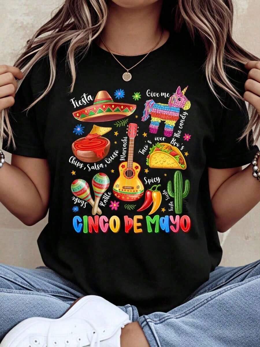 Camiseta genial informal para el Cinco de Mayo, Viva México, fiesta de la independencia mexicana, camiseta de mujer con bandera, manga corta, cuello redondo, de algodón, para la moda de verano. - Negro 5 - Ver 1