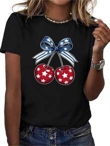 Camiseta de Cuello Redondo con Estampado de Cerezas y Lazo Azul, Top Casual de Manga Corta para Primavera y Verano, Ropa de Mujer, Camiseta de Cuello Redondo para Mujer 100% Algodón, Camiseta de Mujer - Negro - Ver 6