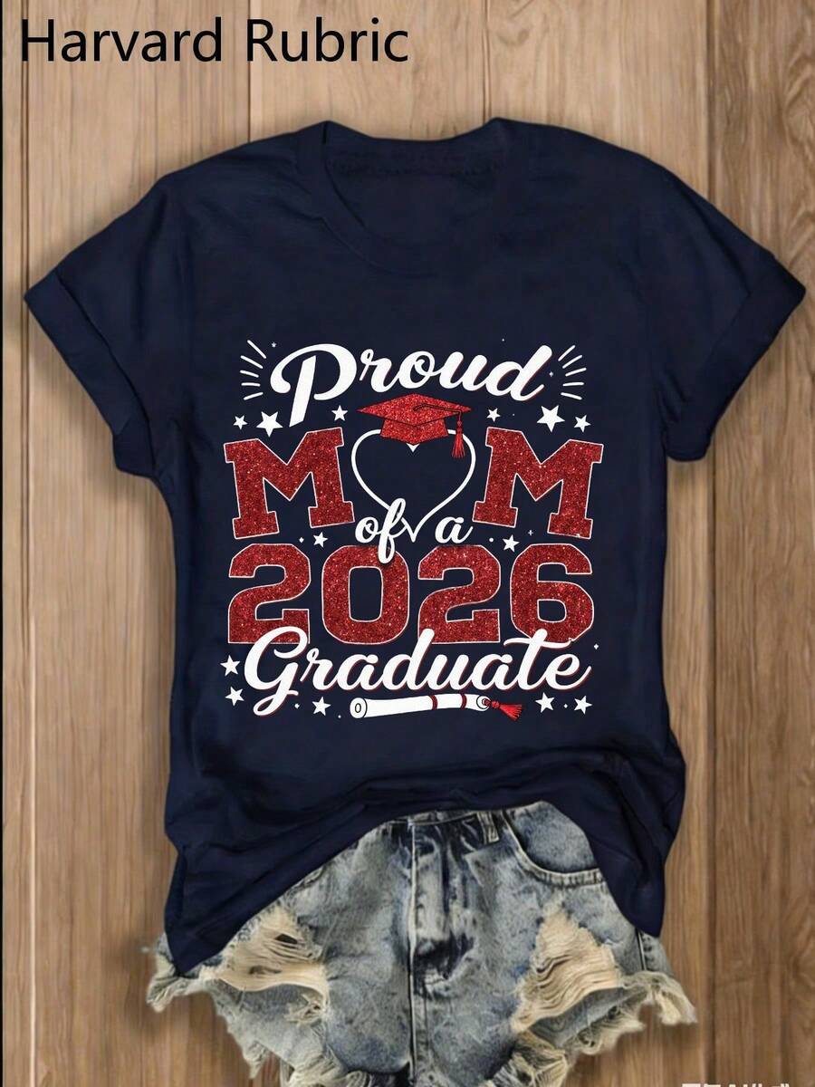 "Proud Mom Of A Class Of 2026 Graduate" T-Shirt - 1 Piece, 100% Multicolor, Crew Neck, Y2K Fashion, Vintage, Breathable, Streetwear, Casual, Versatile, Summer Essential - Gift For Family Reunions, Women's College Graduation T-Shirt - 海軍藍 - 查看 1